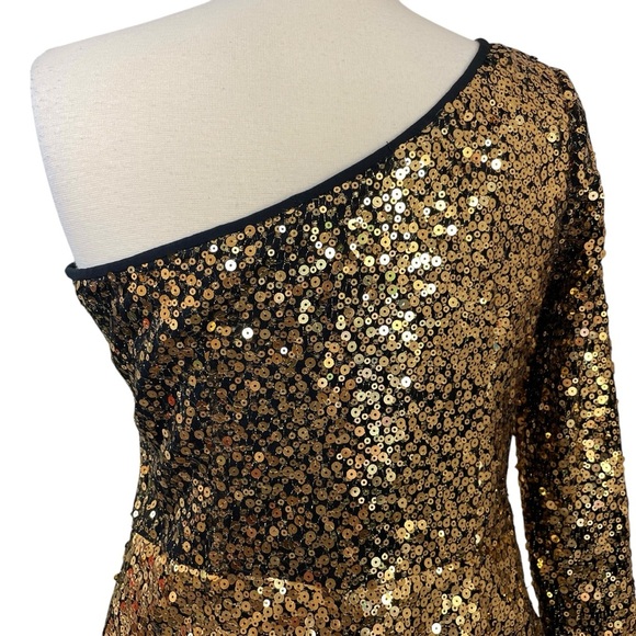 Marchesa Notte Sequined One Shoulder Asymmetric Ruffle Hem Dress Gold Size XS/4 - Picture 5 of 14